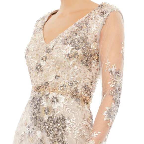 MAC DUGGAL 67539 EMBELLISHED V-NECK ILLUSIONS TAUPE GOWN sz 10 - Picture 2 of 6